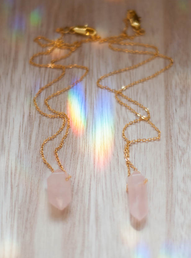 Rose Quartz Point Pendant Short - gold