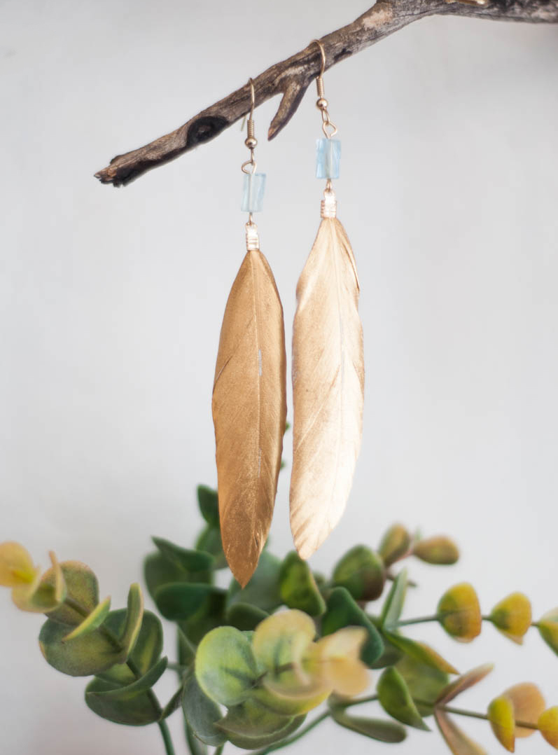 Gold Feather and Aquamarine Earrings