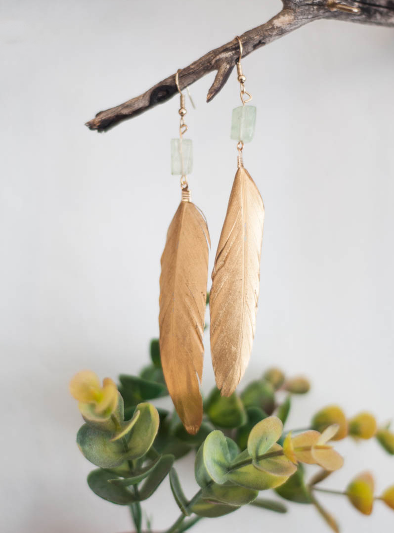 Gold Feather and Prehnite Earrings