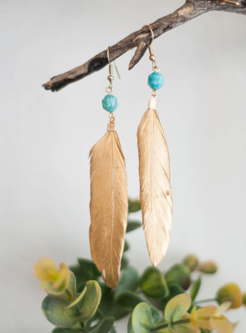 Gold Feather and Amazonite Earrings