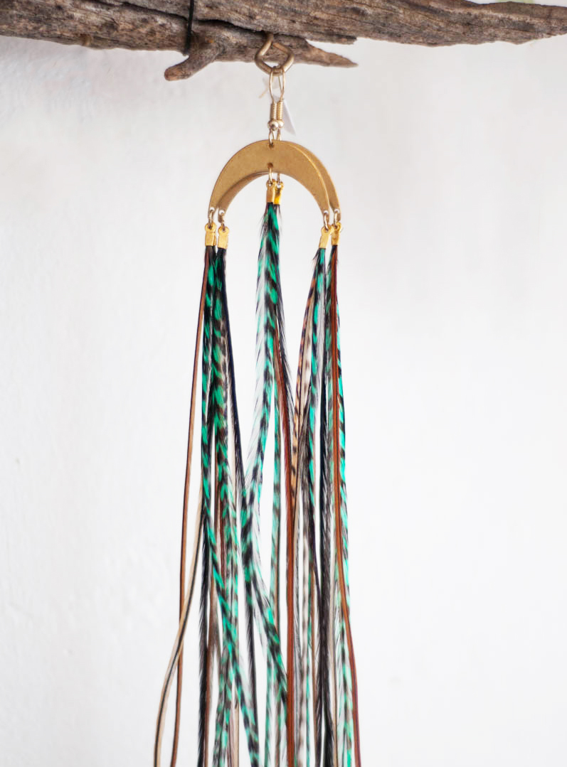Long Feather Earrings - green with brass