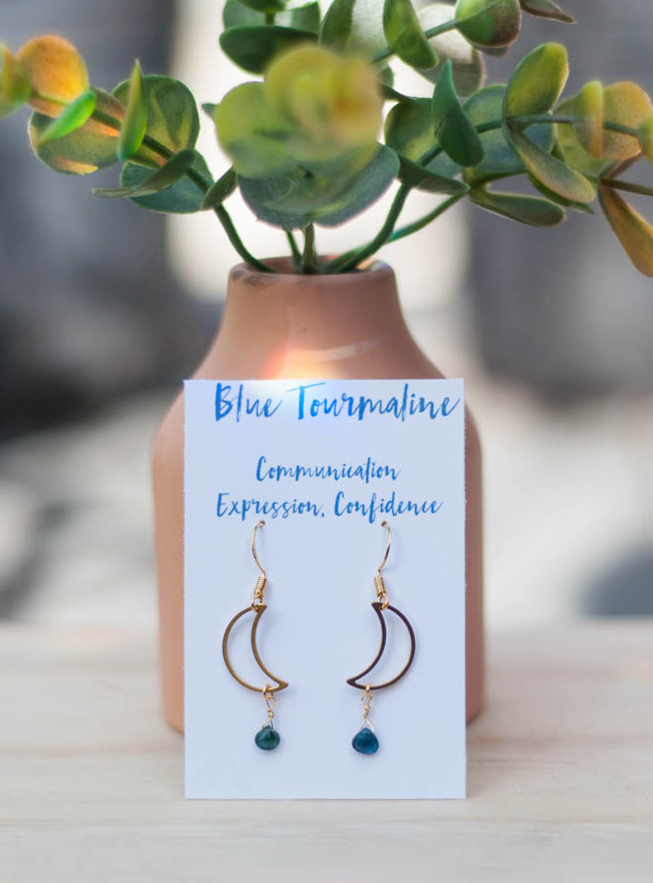 Blue Tourmaline Moon Earrings