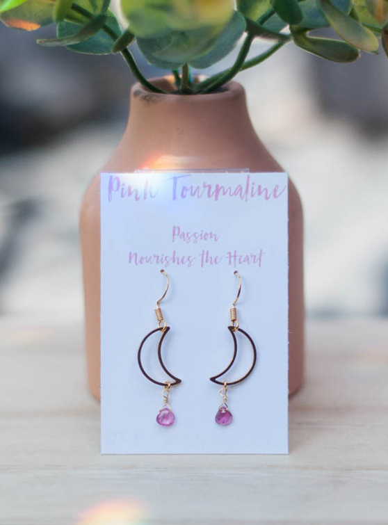Pink Tourmaline Moon Earrings