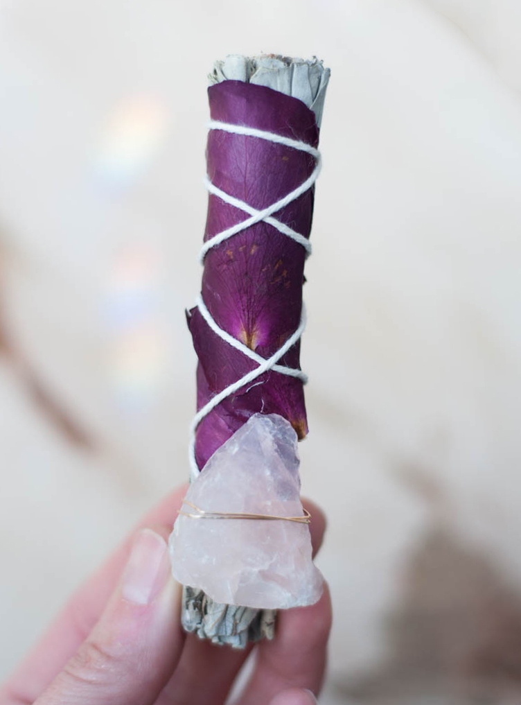 California White Sage with Rose Petals and Rose Quartz 