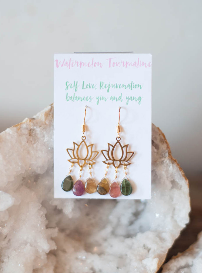 Watermelon Tourmaline Lotus Earrings