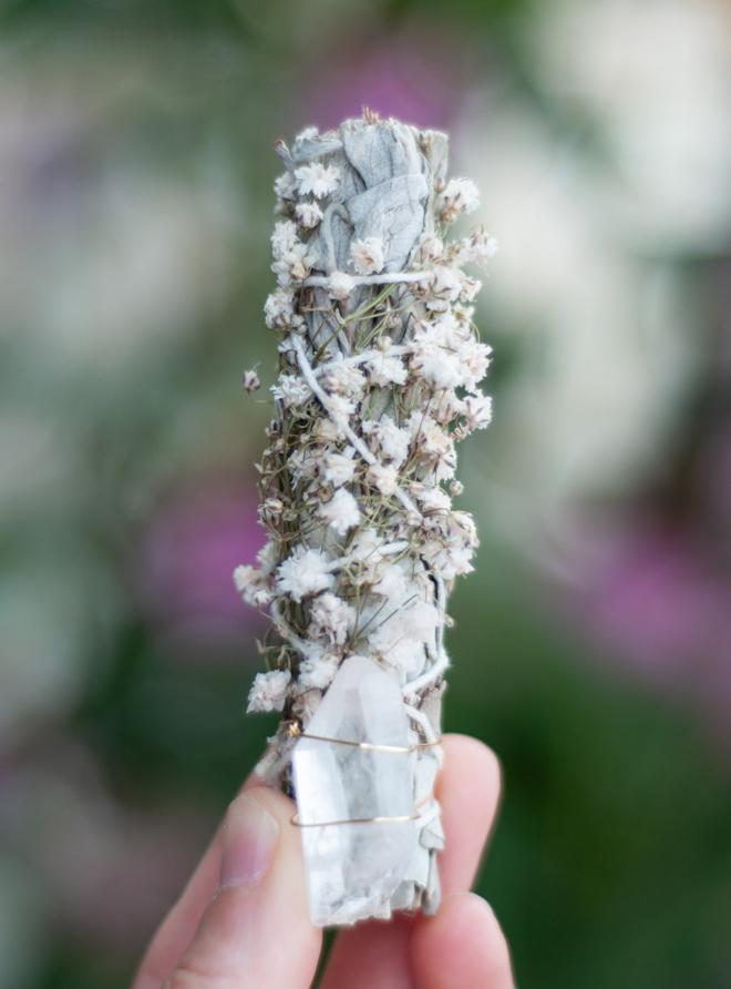 White Sage, Flowers and Lemurian Quartz