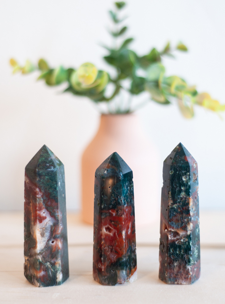 Green Moss Agate with Carnelian Tower