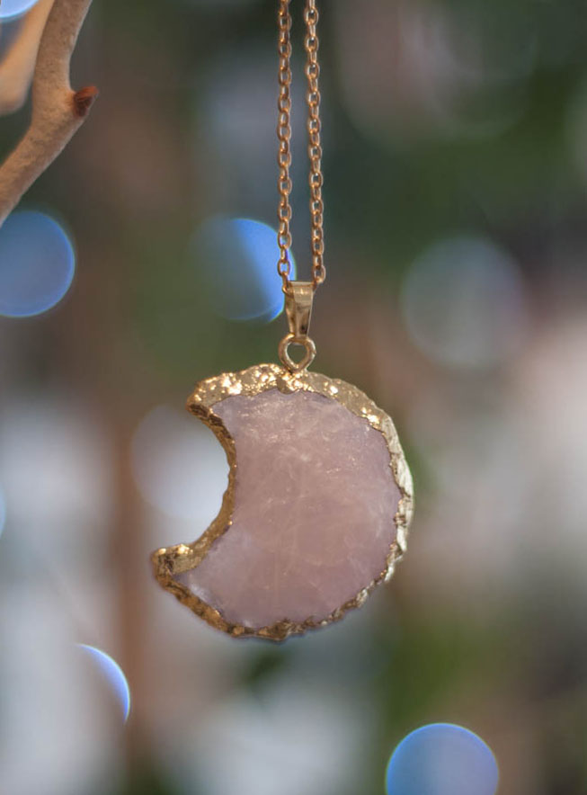 Raw Rose Quartz Moon Pendant