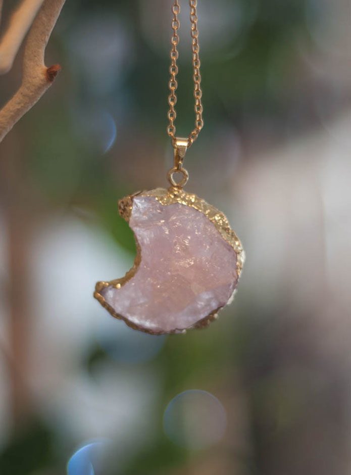 Raw Rose Quartz Moon Pendant #2