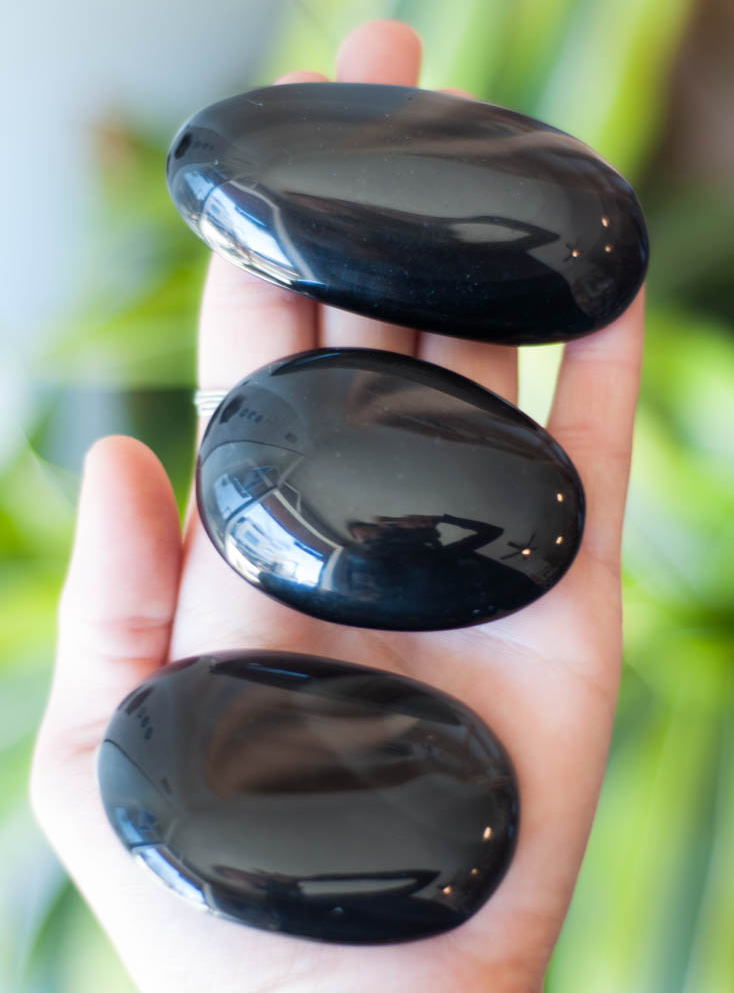 Silver Sheen Obsidian Palm Stone - large