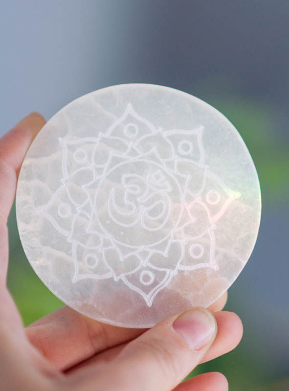 Om Mandala Charging Flat Selenite - small