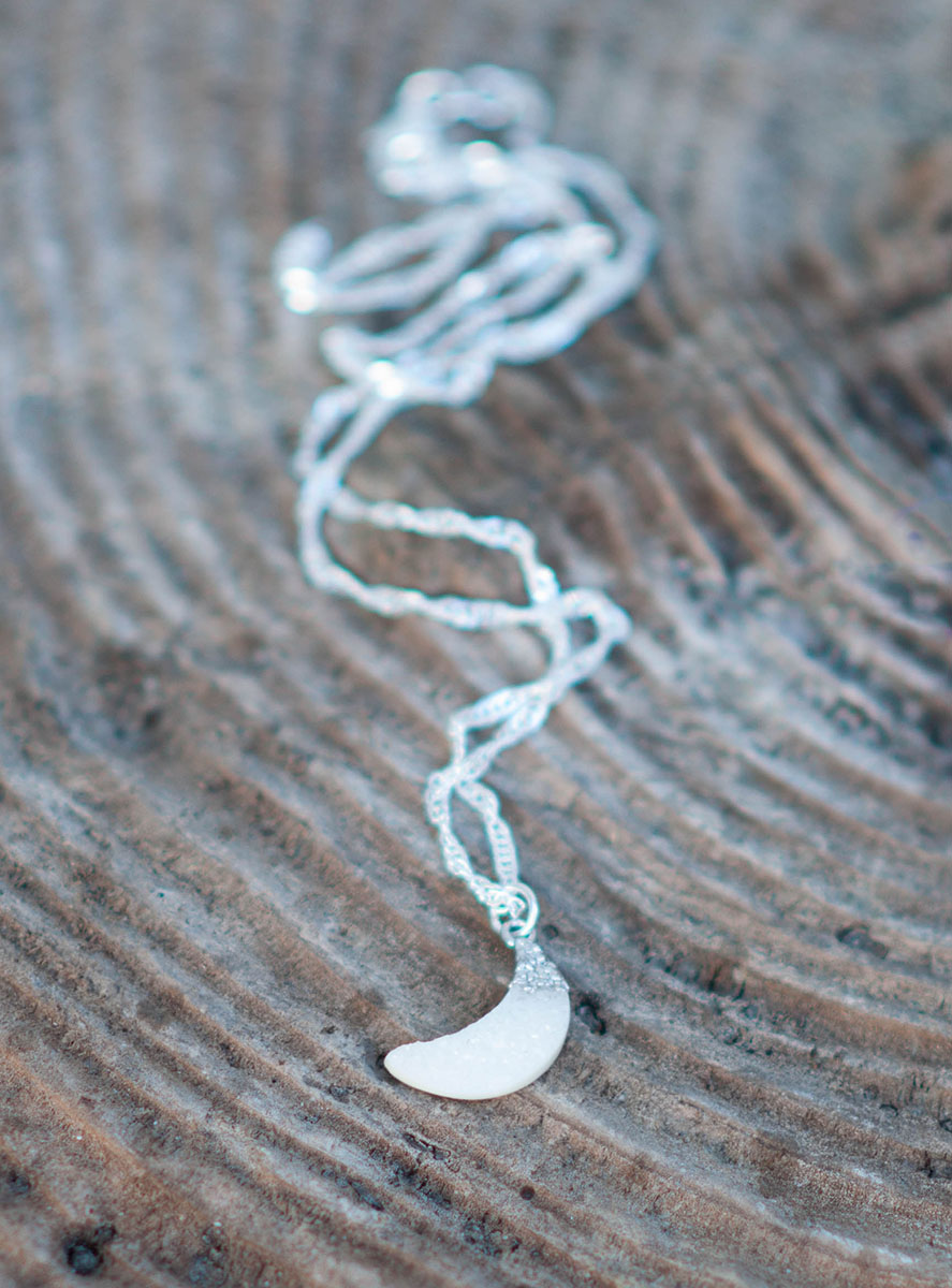 White Druzy Quartz Moon Pendant - silver