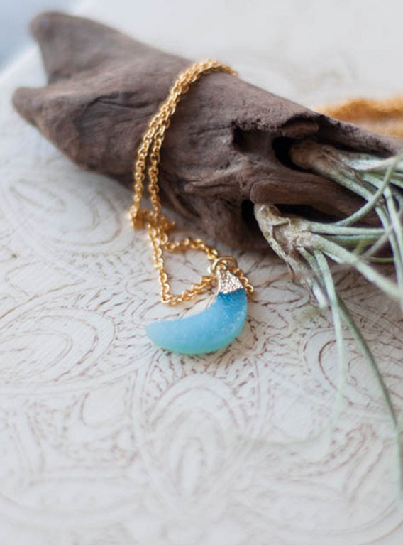 Blue Druzy Quartz Moon Pendant - gold