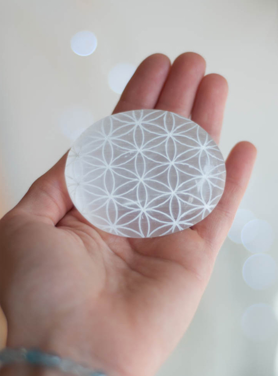 Selenite Palm Stone - Flower of Life