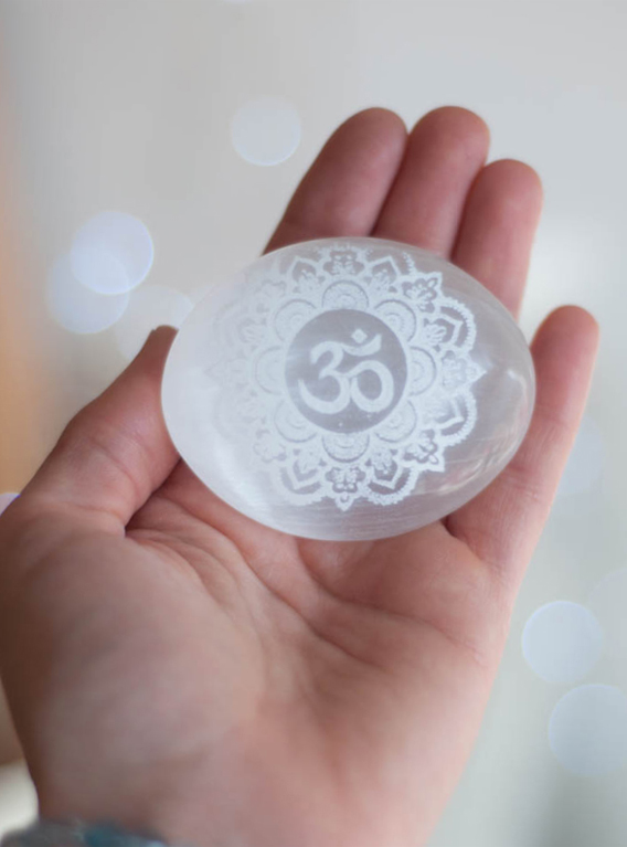 Selenite Palm Stone - Om Mandala